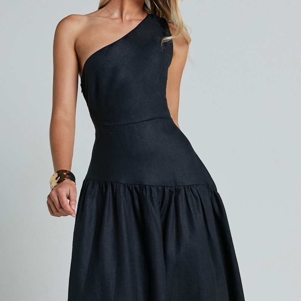 linen blend one shoulder dress